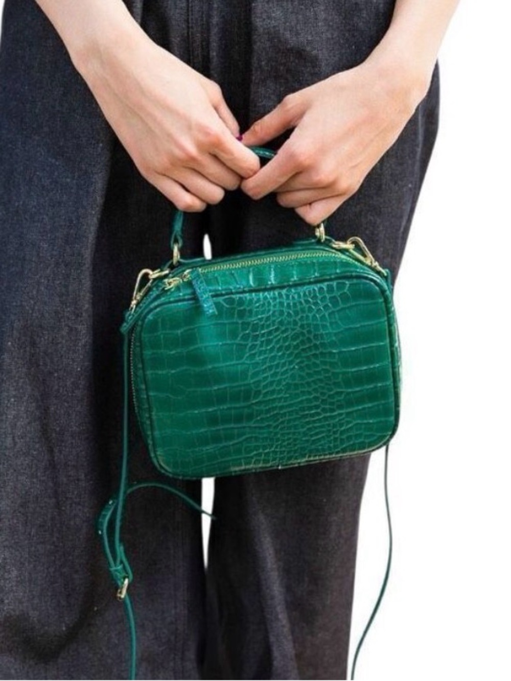LIKE NEW Zara Emerald Croc-Embossed Leather Crossbody Bag - Green